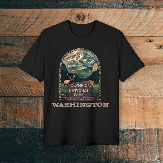 Recycled Olympic National Park Unisex T-Shirt Elk Mountains Glacier Adventure Printify